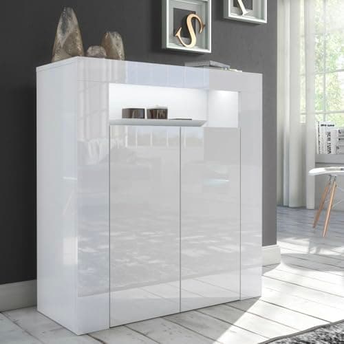 Image of Furneo High Gloss & Matt White 2-door Sideboard Cabinet Cupboard Unit Clifton01 White LED Lights