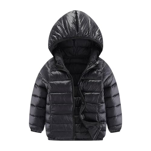 Image of duxyoz Black Kids Lightweight Down Jacket Boys Girls Winter Coats Hooded Lightweight Packable Padded Puffer Jacket Bubble Puffer Quilted Coat Teens Windbreaker Outwear With Pockets 12-14 Years