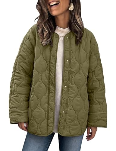 Image of PEHMEA Women's Quilted Jacket Lightweight Button Down Ladies Winter Warm Coat with Pocket(Green-L)