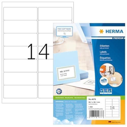 Image of HERMA Self Adhesive Multipurpose Labels, 14 Labels per A4 Sheet, 100 Sheets, 99.1 x 38.1 mm, 1400 Labels, Blank Universal Labels Stickers, Sticky Labels for Laser & Inkjet Printer, White