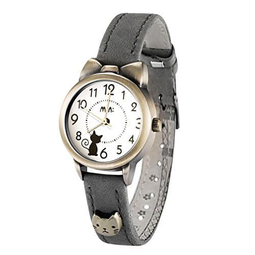 Image of DREAMING Q&P Fq-234 Brown Leather Strap Bowknot Kitty Design Students Girls Woman Quartz Wrist Watches