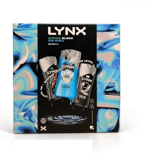 Image of Lynx Africa, Black, and Ice Chill Body Wash Gift Set for Men – Pack of 3 Shower Gels – Invigorating Scents for All-Day Freshness – Ideal Grooming Gift Set for Him – Perfect for Birthdays, Christmas