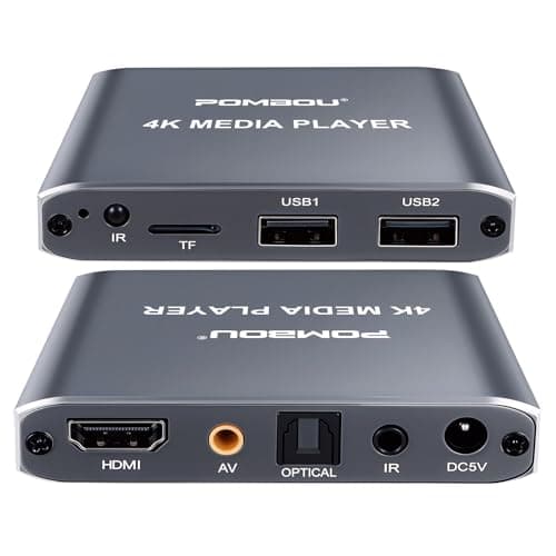 Image of POMBOU 4K Digital Media Player, TV MP4 Video Player for USB Drive/TF Card, Mini Digital Signage HD Media Players with HDMI/AV/Optical, H.265/HEVC, Looping Auto Playback (Grey)