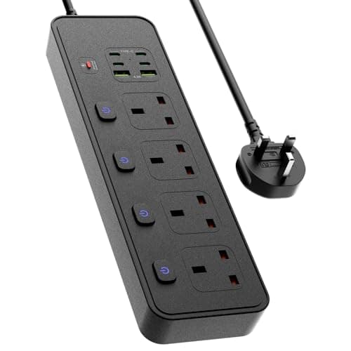 Image of Extension Lead with USB Slots, 4 Way Sockets Outlets with 4 USB-C Ports and 2 USB Ports, 3250W Individual Switches 1.8M Extension Cable with Protected Power Strips, UK Multi Plug Adapter (Black)