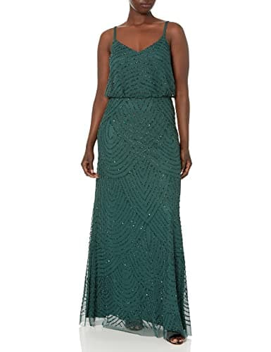 Image of Adrianna Papell Women's Art Deco Beaded Blouson Gown Dress, Dusty Emerald, 14