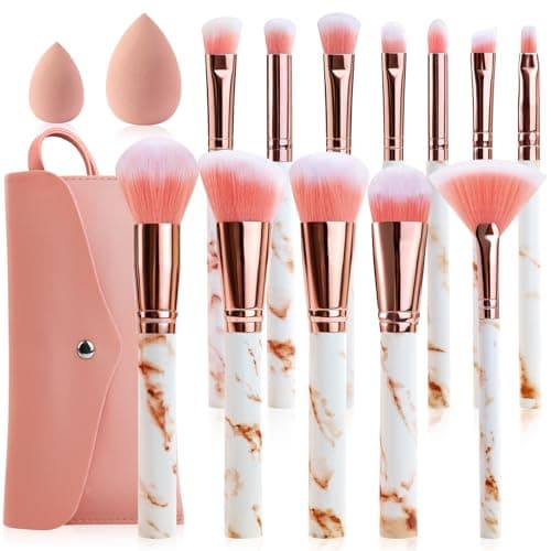 Image of Marble Makeup Brushes Set 12 PCS with 2 Blending Sponges & Travel Pouch - Professional Pink Makeup Brush Kit Cruelty-Free Synthetic Brushes for Foundation Concealer Eyeshadow Blush