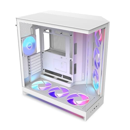 Image of NZXT H9 Flow RGB+ (2025) – Large Dual-Chamber ATX Mid-Tower Airflow PC Case – Includes 7 RGB Fans (6 x 140mm, 1 x 120mm) & Control Hub – 420mm Radiator Support – Back-Connect Ready – White