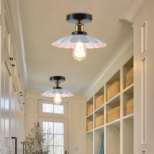 Image of Qcyuui 2 Pack Vintage White Ceiling Lights E27 Light Fitting Semi Flush Ceiling Light Fixture for Farmhouse Bedroom Kitchen Hallway