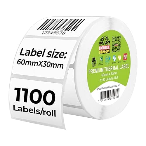 Image of Double Dragon, 1,100 Direct Thermal Labels, 60mm x 30mm | Premium Coated, Self-Adhesive White Stickers | Scratch Resistant | Compatible with Zebra, MUNBYN, Rollo, Toshiba, Citizen Printers