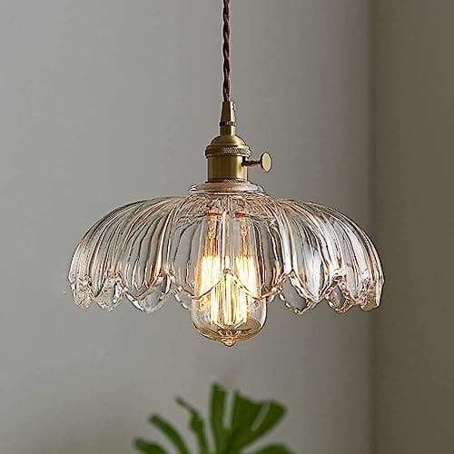 Image of COJJ-Scalloped Glass Flower Ceiling Hanging Light Industrial Single Dining Room Pendant Lights Retro Ceiling Chandelier for Bedroom Restaurant Hallway Kitchen Dining Room-Clear [Energy Class A]