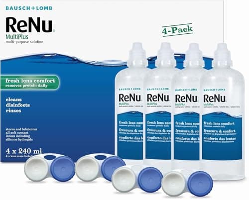 Image of ReNu MultiPlus Multi-Purpose Contact Lens Solution, 4 x 240 ml for Soft Contact Lenses, Moisturise, Remove Protein, Clean, Disinfect, Lubricate, Rinse and Store Your Lenses, Lens Case Included