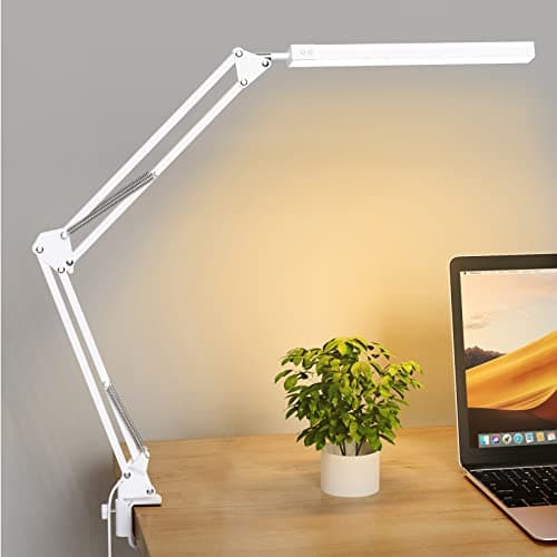 Image of SKYLEO LED Desk Lamp with Clip - Eye Protection Desk Lamps for Study - Swing Arm USB Desk Lamp Office - 3 Light Modes x 10 Brightness Levels - 5V/2A Adapter - White