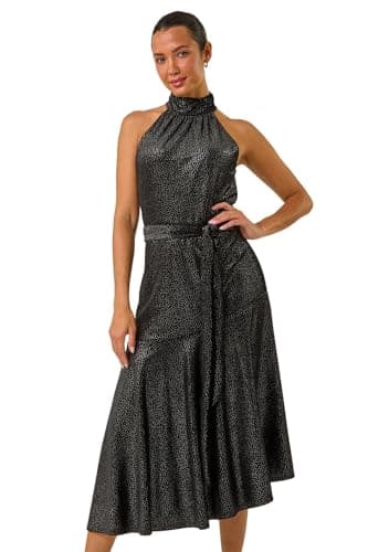 Image of Roman Originals Velvet Halter Neck Ruffle Hem Midi Dress for Women UK - Ladies Everyday Autumn Winter Comfy Soft Evening Vacation Work Party Night Out - Black - Size 18