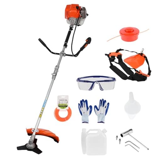 Image of Kiuaso 52CC 2-Stroke Petrol Strimmer, 2.2kw Heavy Duty 2 in 1 Grass Trimmer Brush Cutter, Easy Start Garden Tool with 3T Blade, 28cm Cutting Width, for Lawn Weed Bush Harvesting, Orange (Orange)
