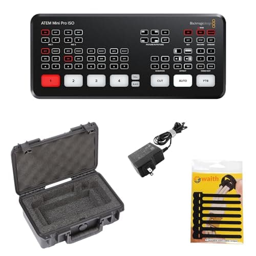 Image of Blackmagic Design ATEM Mini Pro ISO HDMI Live Stream Switcher with SKB iSeries Hard Case for Mini Pro Switcher and Waith 3.5" (Pack of 7) Mini Cable Wraps for Cords (Black) (Bundle Set)
