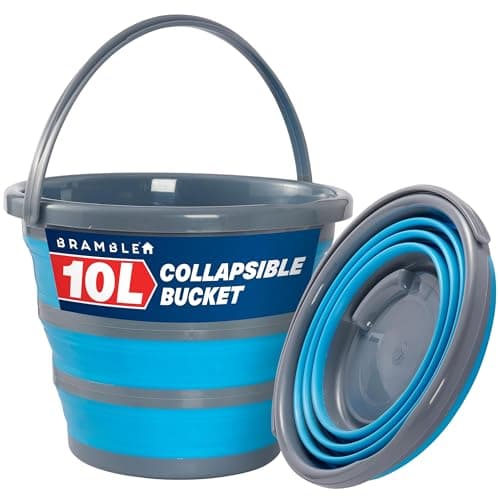 Image of BRAMBLE 10 Litre Collapsible Bucket Portable Cleaning Fishing Camping Silicon, Space Saving Design for Home & Outdoors - Flattens to 5cm - Blue/Grey