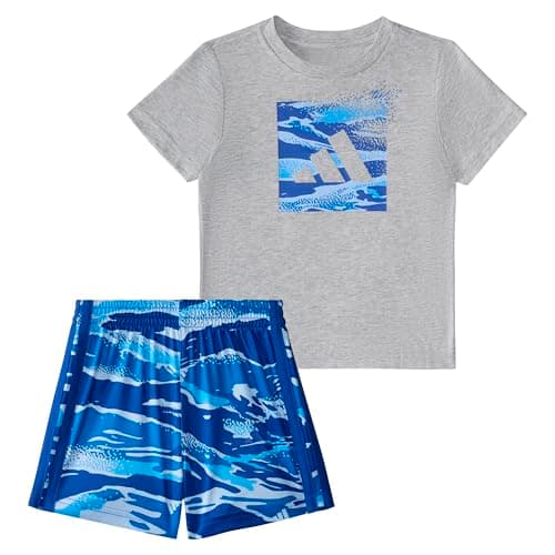 Image of adidas Short Sleeve Cotton Heather Tee Shirt and Aop Camo Short Set 2-Piece T-Shirt and Shorts Set Baby-Kids, Medium, Grey, 12 Months