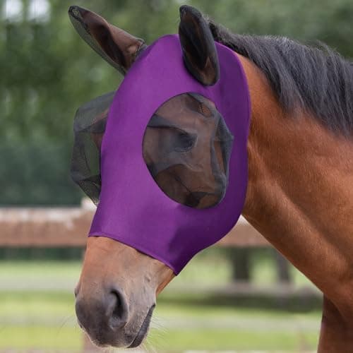 Image of Adiwo Horse Fly Mask with Ears, Super Comfort Fly Masks for Horses - Full-Size, Breathable & Elastic Lycra, UV & Insect Protection, Large with Web Trim Eye Protection (Purple)