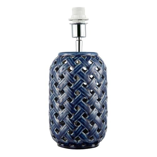 Image of Happy Homewares Unique Lattice Design Ceramic Gloss Table Lamp in Brushed Midnight Blue | Chrome Plated Lamp Holder | 32cm x 14cm