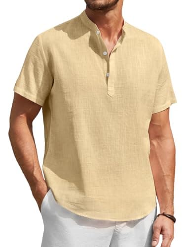 Image of Enlision Mens Linen Shirts Short Sleeve Beige Grandad Shirt Mandarin Collar T-Shirts Casual Summer Henley Beach Collarless Tops Solid Color L