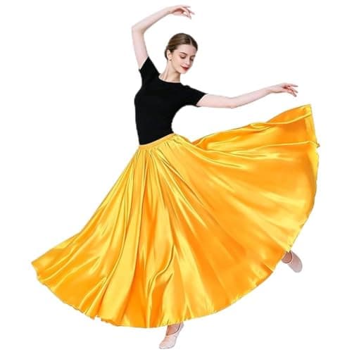 Image of Leemiman Women 360 Degree Shining Satin Belly Dance Skirt Long Skirts Dancer Practice Wear (Yellow)