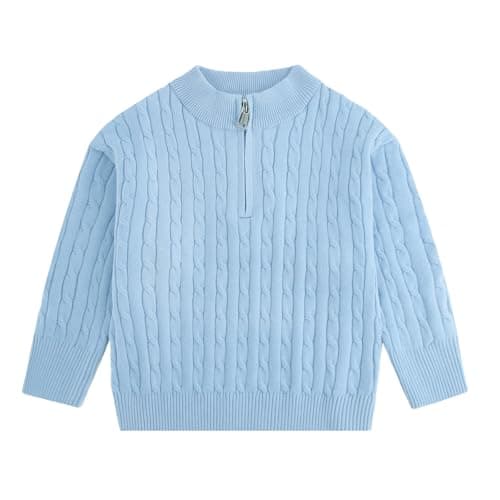 Image of KISLOVE Boys Girls Quarter Zip Sweater Crew Neck Cotton Knitted Long Sleeve Pullover Kids Warm Jumpers Knitwear Blue, 7-8 Years
