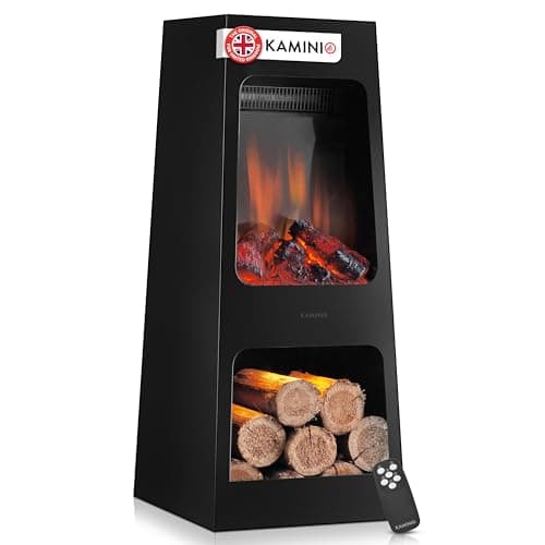 Image of KAMINIO Electric Garden Fireplace KAI - Electrical freestanding patio Stove with Heater, 3D Flame Effect, LED Mood Light, Wood Storage Compartment, Remote Control - Black (Large)