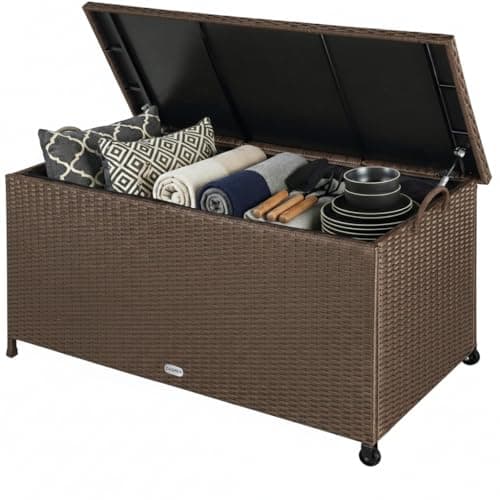 Image of CASARIA® 270 Litre Polyrattan Garden Storage Box with Wheels | Waterproof UV Resistant | Inner Lining | 117x53x60cm Patio Furniture Cushion Chest with Gas Pressure Lift Lid | Brown