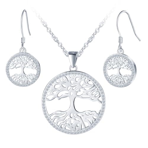 Image of Yumilok Women Necklace 925 Sterling Silver Zirconia Tree of Life Pendant Necklaces Jewelry Set for Women Silver Necklace Tree Stud Earrings