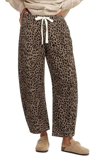 Image of loveimgs Women Baggy Cheetah Print Barrel Jeans Leopard Printed Denim Barrel Pants Elastic Waist Wide Leg Jean Drawstring Y2k, Classic Leopard, XL