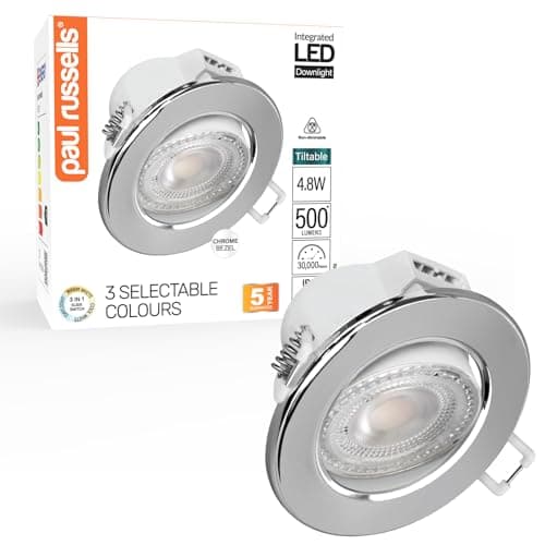 Image of paul russells LED Recessed Tilt Downlight, 4.8W 500LM, Warm/Cool/Day White 3 Adjustable CCT, IP44, Round (Not Dimmable) Spotlight for Kitchen, Living & Bathroom Ceiling Lights, 1 Pack (Chrome)