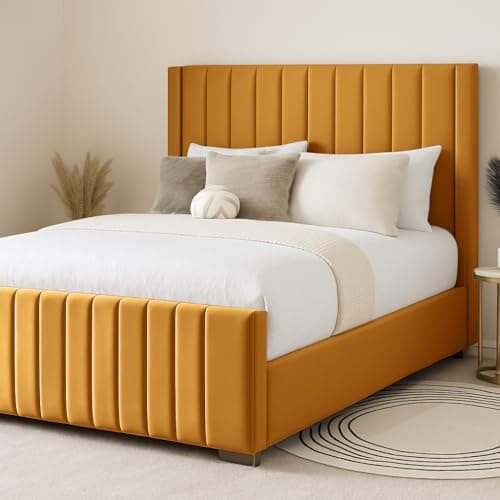 Image of S&W DECORE 5FT King Fiona Winged Bed Frame With 48" Headboard Upholstered In Plush Velvet Mustard Gold Bed Wooden Slats - No Mattress - No Storage (Mustard Gold Plush, 5FT King - No Mattress)