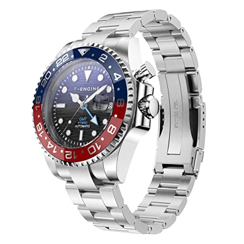 Image of T-ENGINE GMT Watches for Men with 10 ATM Waterproof, Dual Time Track Automatic Charged Wrist Watch, Stainless Steel 43mm Quartz Watch for Men, Silver+Black-Blue Dial, GMT Quartz Watches