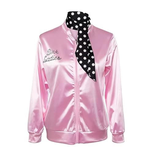 Image of Amycute Women Pink Ladies Jacket 1950s Pink Satin Jacket Grease Fancy Dress