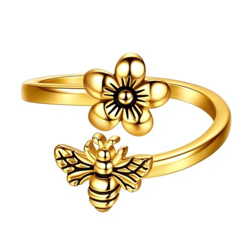 Image of SEIHOP Honey Bee and Flower Adjustable Ring 18K Gold Plated Daisy Flower Bee Open Ring Jewelry Gift for Women Wife Daughter Mom KR0030Y