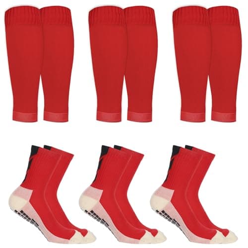 Image of Yuuchoringee 3 Pairs Red Grip Socks Football and Football Sock Sleeves Set – Anti-Skid Soccer Socks with Sock Sleeves for Adults and Kids, Comfortable Fit for Shin Guards and Sports Use