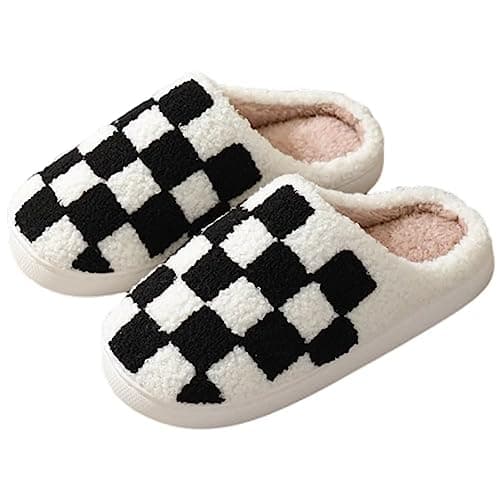 Image of KEYUSHOP Women's Fluffy Checkerboard Grid Slippers - Soft Plush, Non-Slip Winter Warm House Shoes - Black, Size 7/8 UK