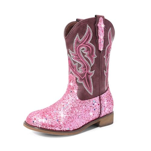 Image of DREAM PAIRS Girls Cowgirl Boots Glitter Toddler Cowboy Boots Child Mid Calf Riding Shoes Party Birthday Dress Up for Toddler/Little/Big Kid,Size 6 Little Kid,Pink,SKMB26002K