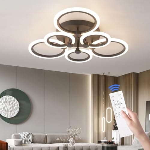Image of Hudi Fyier Modern 6 Rings Flush Mount Ceiling Light Fixture, Dimmable 3000K-6500K Black with Remote for Living Room, Bedroom, Dining Room, Office