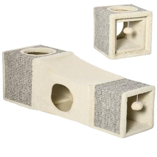 Image of PawHut Cat Tunnel, Large Play Tunnel with Hanging Ball and Two Caves, Plush Cat Play Tube for Indoor Kittens, Puppies, Rabbits, 98 x 30 x 30 cm, Cream White