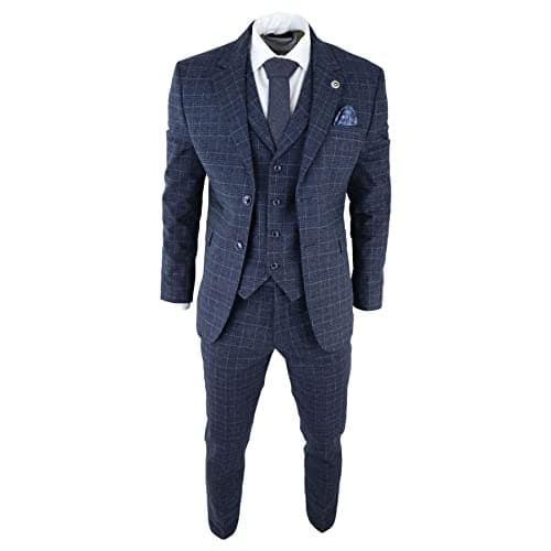 Image of Mens Tweed 3 Piece Suit Blue Check Vintage 1920s Gatsby Blinders Tailored Fit - Blue 44