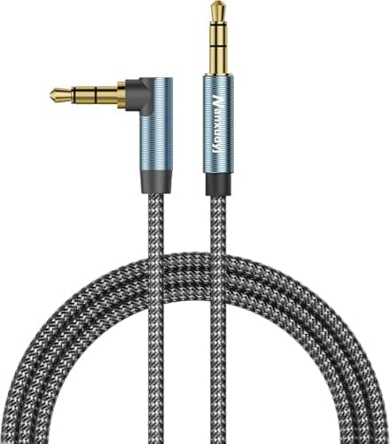 Image of Nanxudyj 90 Degree 3.5mm Stereo Audio Cable 15M, Aux 3.5mm Male to Male Cable Right Angle AUX Cord Compatible for Headphone,iPhone,Tablets, Speakers, 24K Gold Plated 50FT