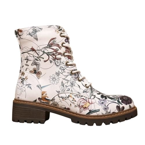 Image of IVACHY Women’s Floral Lace-Up Ankle Boots with Side Zip – Stylish Printed Combat Boots for Casual Everyday Wear- Size 4-7.5