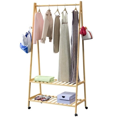 Image of CASARIA® Bamboo Coat Rack with Shelves and Castors | 155x70x45cm | Clothes Rail and 2x Wooden Shoe Racks | Includes 4 Hooks Wood | Stable Narrow Hallway Coat-Rack | Natural Brown Finish