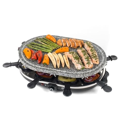 Image of Giles & Posner Electric Stone Raclette Grill - Indoor Tabletop 8 Person Raclette, Removable Stone Grill Hot Plate, Non-Stick Grill Pans, Spatulas Included, Adjustable Temperature Dial, 1200 W