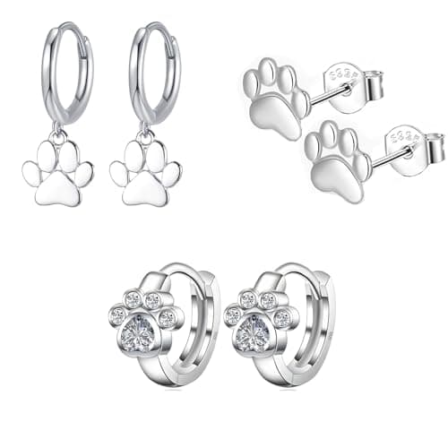 Image of Hinvan 3 Pairs Cat Dog Paw Print Earrings Silver Studs 925 Sterling Silver Hoop Earrings Dangle Drop Earring for Women Girls Hypoallergenic Lovely Animal Jewelry Come with Gift Box