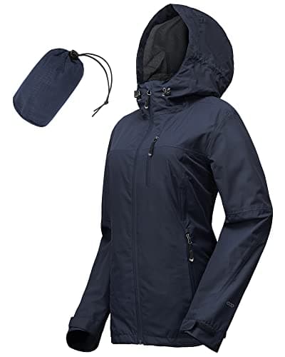 Image of 33,000ft Women's Lightweight Waterproof Jacket Packable Hooded Rain Jacket Breathable Windbreaker Softshell Raincoat for Outdoor Running Walking Hiking (Navy Blue-L/UK 14)