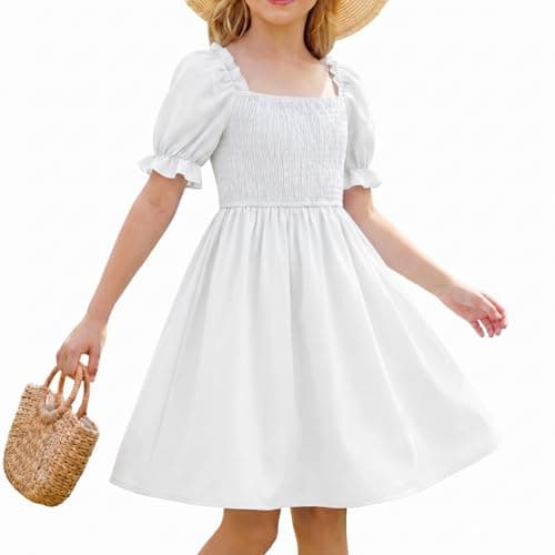 Image of DivingBirds Tween Girls' Dresses Elegant Ruffle Sleeve Kids Dress for Girls Teenagers Ladies Casual Summer Dresses, White 9-10 Years