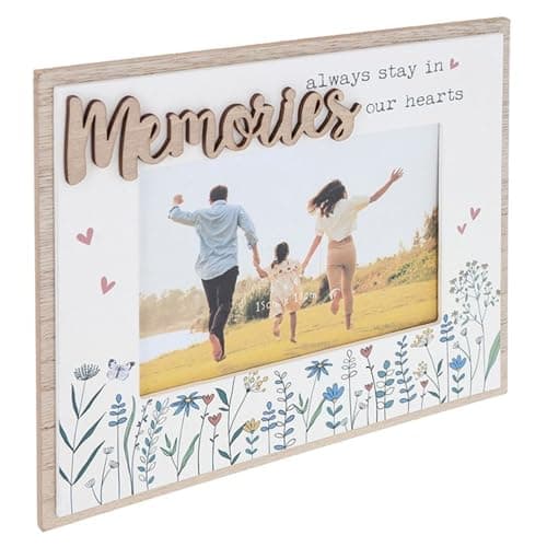 Image of Joe Davies Memories Photo Frame 6x4'' - Sweet Meadow Floral Design with ‘Memories Always Stay in Our Hearts’ Sentiment - Free-Standing Frame - Sweet Meadow Range