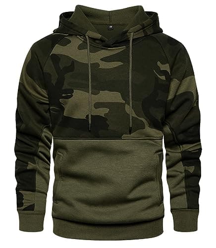 Image of MANLUODANNI Men's Long Sleeve Camo Blocked Pullover Hoody with Front Pouch Pocket Army Green XXL 42